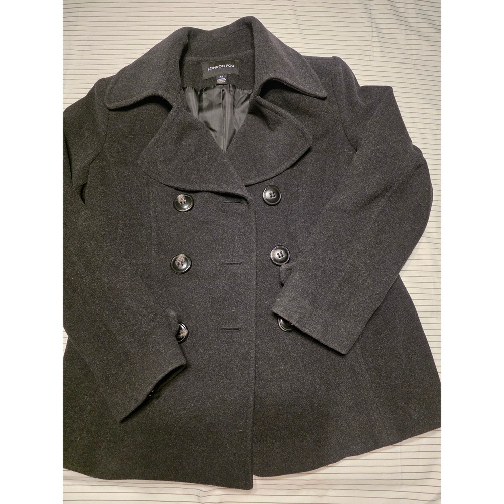 1173 London Fog Womens Wool Blend Double Breasted Pea Coat Charcoal Gray PL